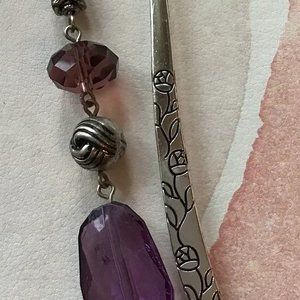 Tibetan Metal Bookmark Flower Engraved Silver and Purple Beaded Hook Bookmark